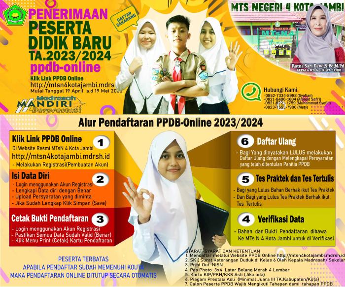 PENERIMAAN PESERTA DIDIK BARU (PPDB) MTsN 4 KOTA JAMBI TA.2023/2024 ( Segera Daftar Kouta Terbatas ) PENERIMAAN PESERTA DIDIK BARU (PPDB) MTsN 4 KOTA JAMBI TA.2023/2024 ( Segera Daftar Kouta Terbatas )